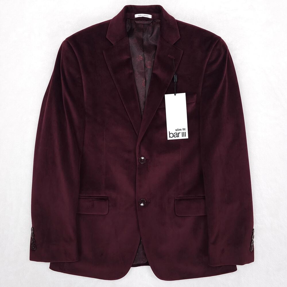 Bar III Mens Slim Fit Velvet Sport Coat Blazer 36S Burgundy Red Solid NWT